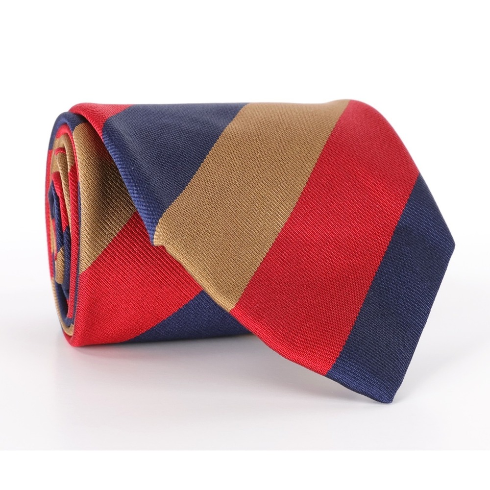 Ben Silver All Silk Handmade Neck Tie Repp Stripe Navy Blue Red Tan READ